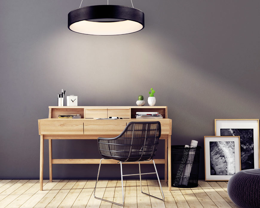 1 friends of hue smart pendant light over a wooden desk and a desk chair