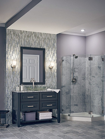 one recessed light over shower in bathroom