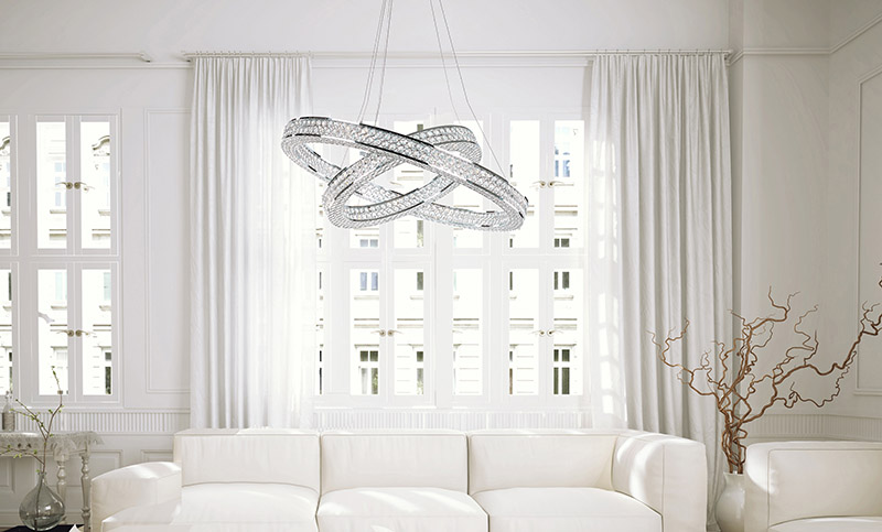 polished chrome and beveled crystal chandelier in living room