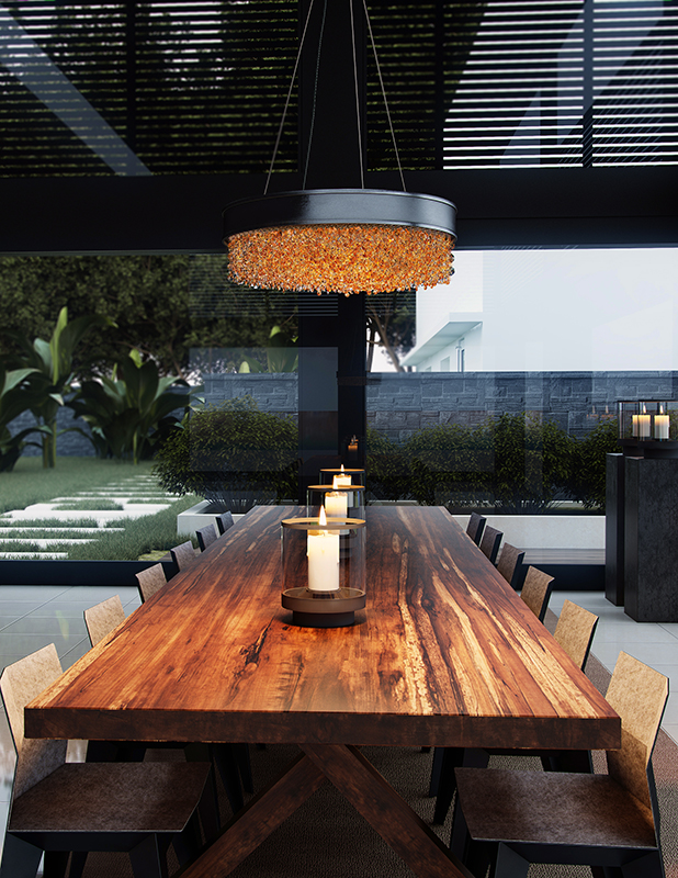 Drum chandelier with exposed crystals hanging in the middle of the frame over a wood dining room table