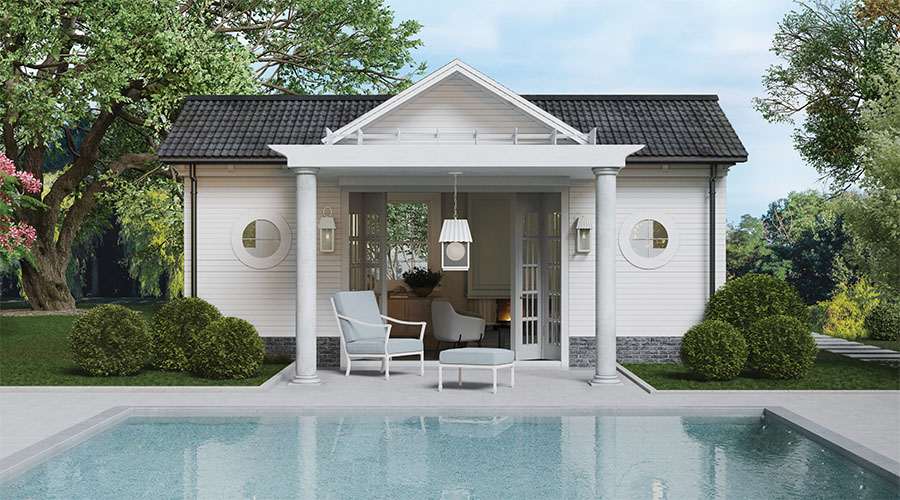 two outdoor wall sconces and one outdoor pendant light hanging under covered patio next to pool