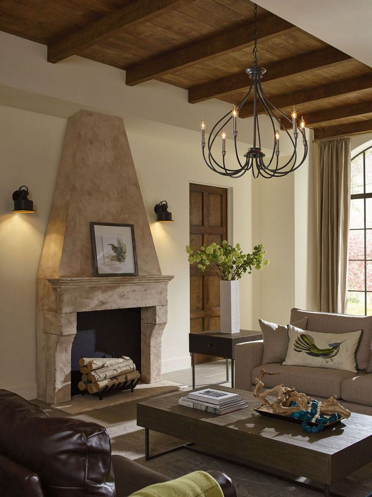 six light rustic chandelier hanging in living room