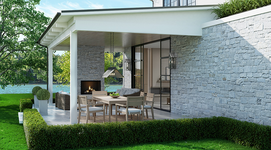one hanging outdoor pendant light over outdoor dining table
