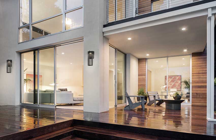 four recessed lights above outdoor patio area