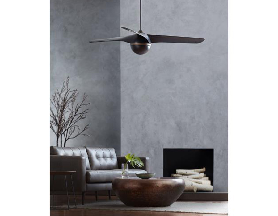 Modern gray living room with brown leather couch, fireplace and Visual Comfort Fan Collection Akova outdoor ceiling fan in matte black.