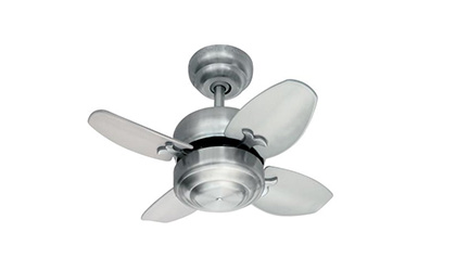 Product shot of super small (20-Inch) Visual Comfort Fan Collection Mini brushed steel outdoor ceiling fan with silver blade finish