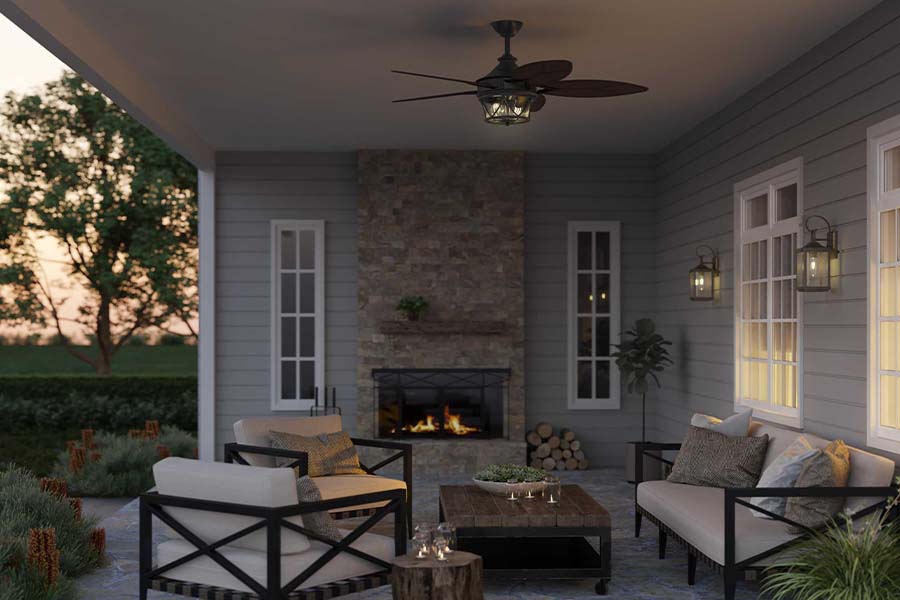 outdoor ceiling fan in a furnished patio