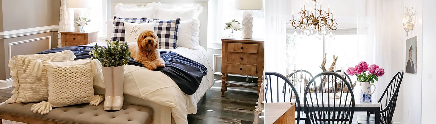 room of modern farmhouse home decor including chunky knit pillows, blue and white bedding, wooden furniture, and a wood and taupe bench