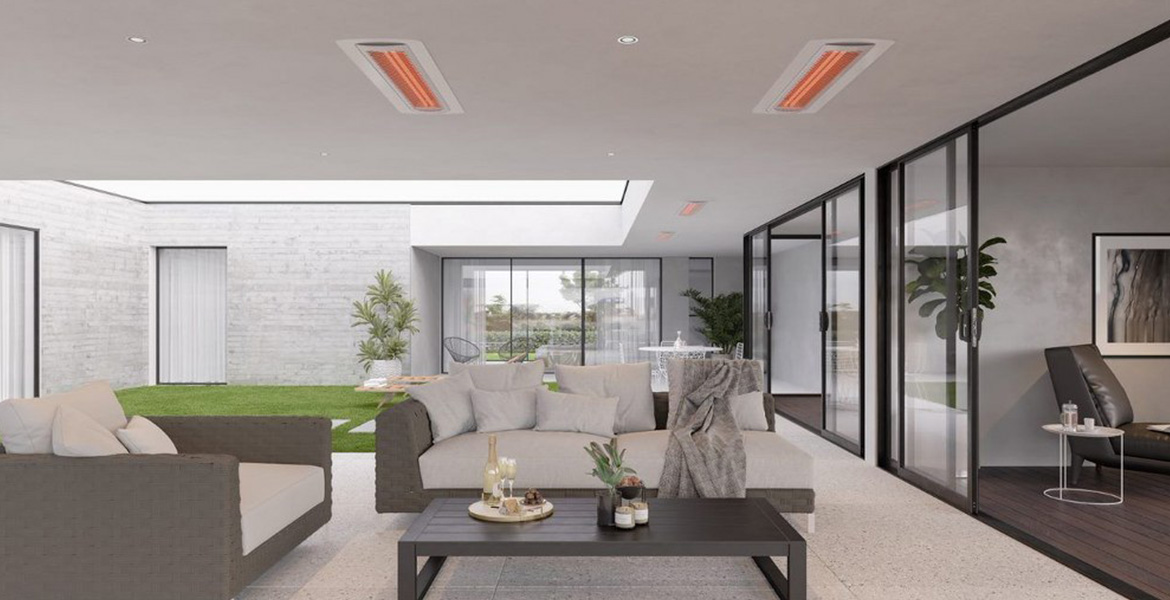 Two outdoor patio heaters recessed into covered outdoor patio