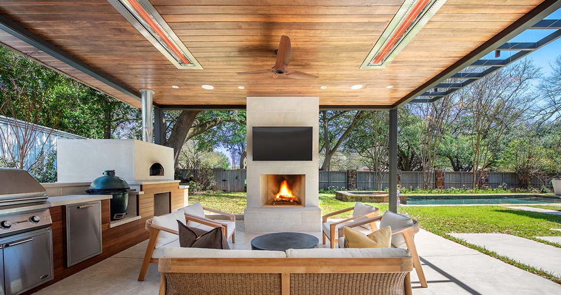 Two Electric Patio Heaters Flush Mounted to an Outdoor Covered Patio 
