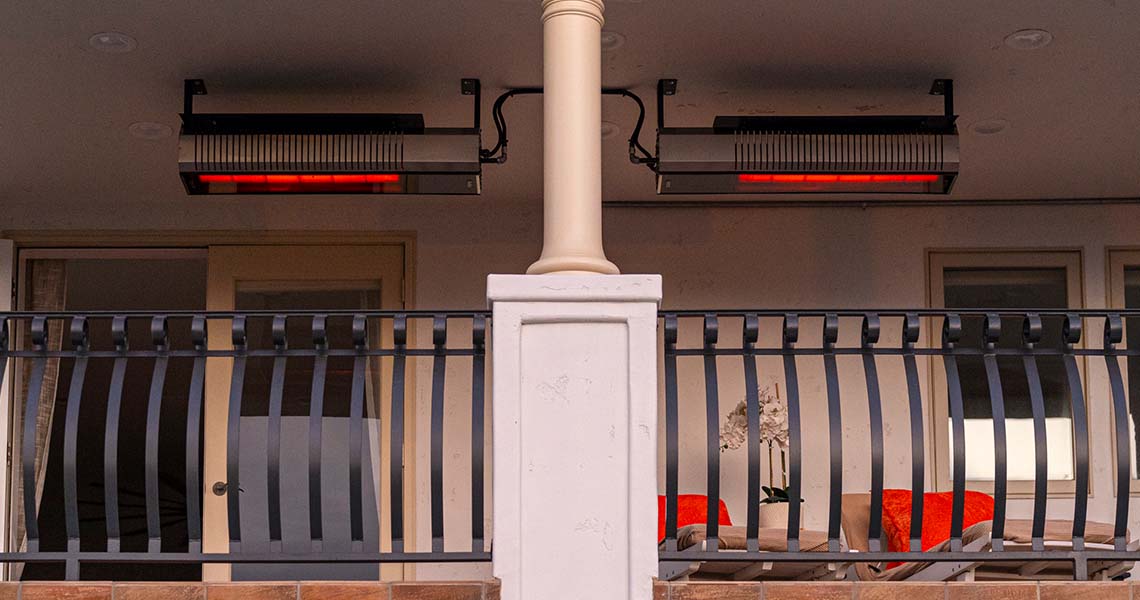 Two Propane Patio Heaters Mounted to the Ceiling of a Balcony