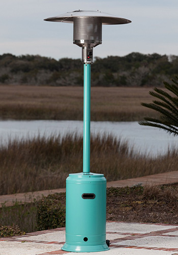 One Freestanding Liquid Propane Heater with Aqua Blue Finish on an Outdoor Patio Overlooking a River