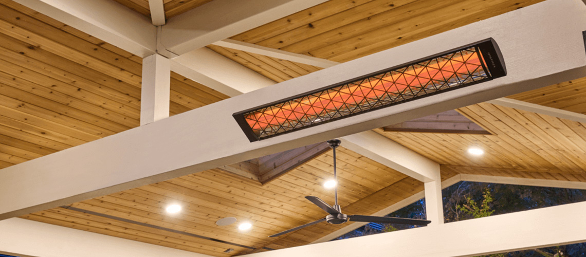 One 5000-Watt Electric Patio Heater Mounted to a Support Beam Under a Covered Patio