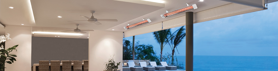 innova heater warming an outdoor patio next to the ocean
