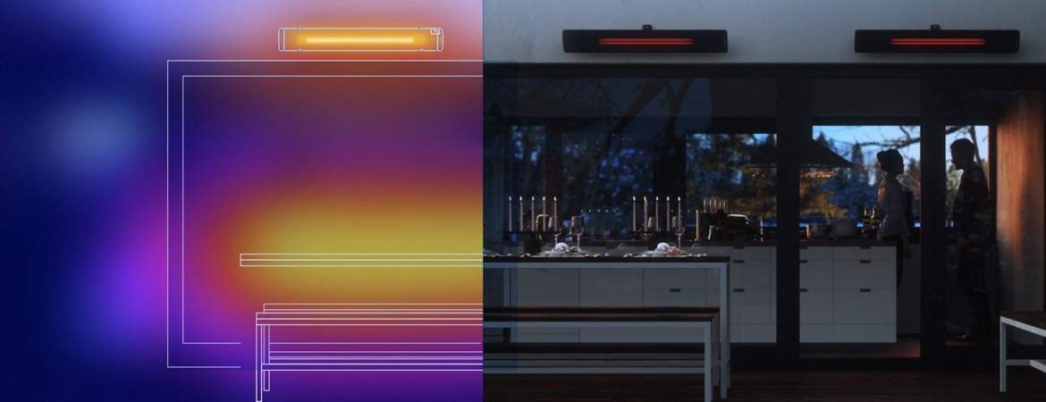 two patio heaters mounted on the wall of an outdoor dining area in the evening