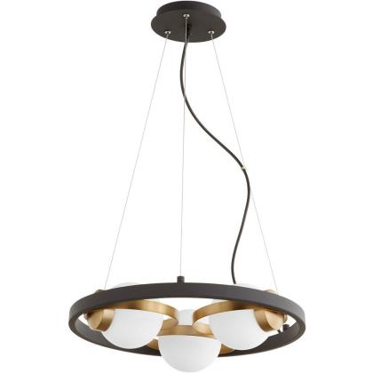 Product shot of unique 3-light chandelier comprised of a three separate aged brass horizontal rings surrounding a satin opal glass shade, all inside a large horizontal textured black ring